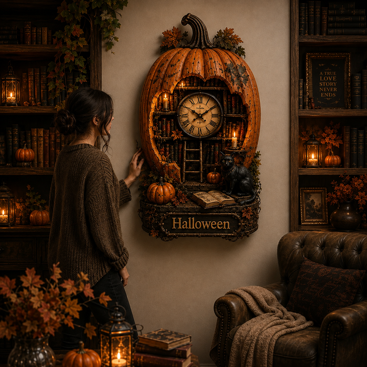 Halloween Pumpkin Library Wall Clock – Gothic Vintage Decor