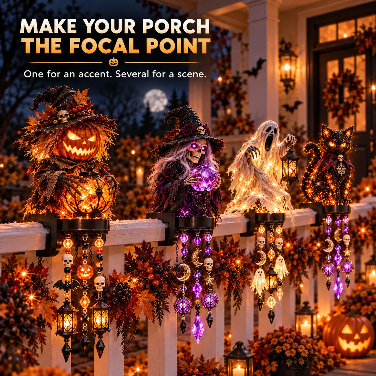 🎃 Halloween Character Glow Cascade Railing Lights – Pumpkin, Witch, Ghost & Black Cat