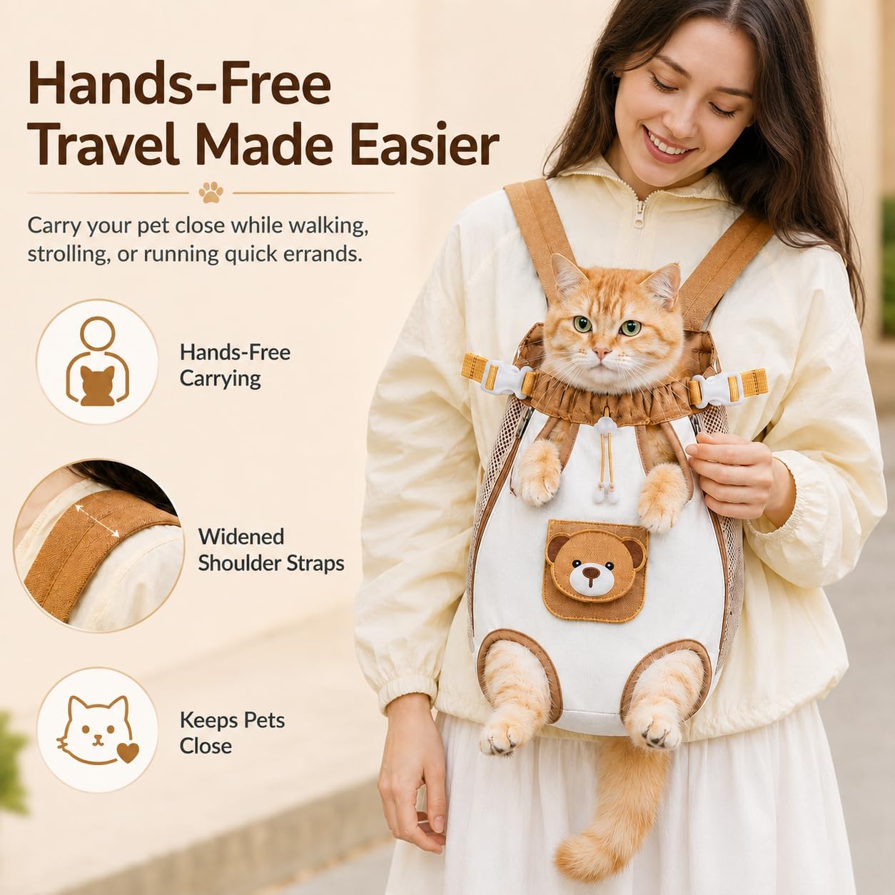 š»š¾Cute Bear Design Front Pet Carrier Backpack, Breathable Adjustable Hands-Free Travel Chest Bag for Cats Small Dogs Walking Shopping Vet Visits