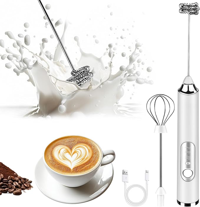 ☕ Rechargeable Milk Frother – Handheld with 2 Heads & 3 Speeds, Electric Mixer for Latte, Cappuccino, Matcha, Eggs (Black/White) 🌀