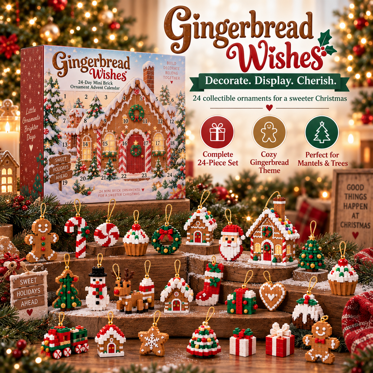 🎄🍪 Gingerbread Wishes 🎁 24-Day Mini Brick Ornament Advent Calendar