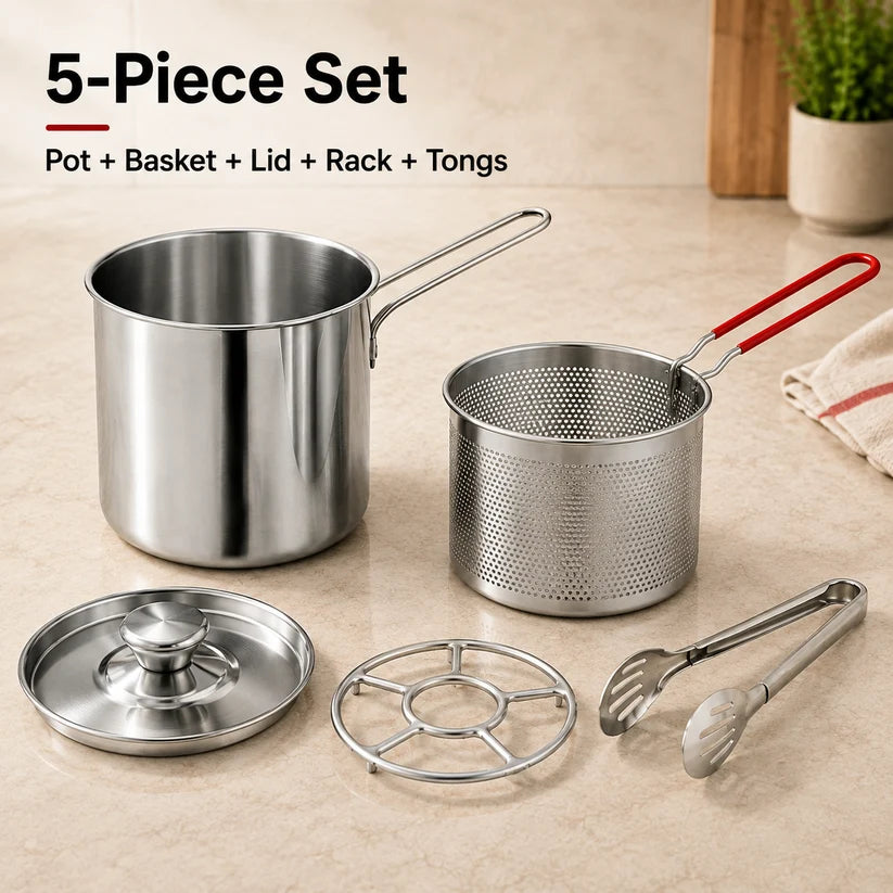 🔥2026🍟 Personal Mini Deep Fryer Set – Stainless Steel Pot with Lift-Out Draining Basket & Food Tongs