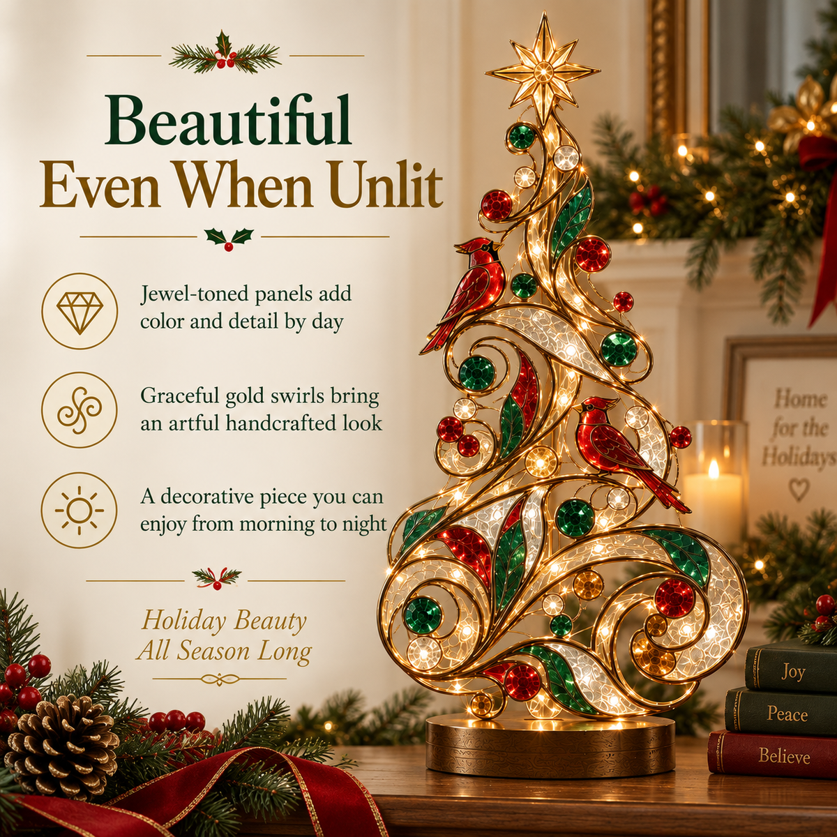 🐦Lighted Stained Glass-Inspired Christmas Tree Tabletop Decor with Red Cardinal Birds