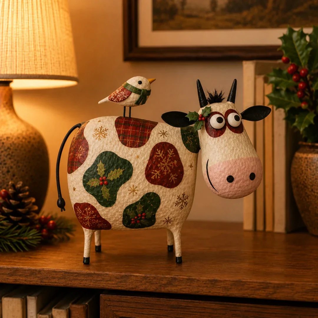 đ„Whimsical Cow & Bird Folk Art Figurine â Rustic Farmhouse Tabletop Decor Gift