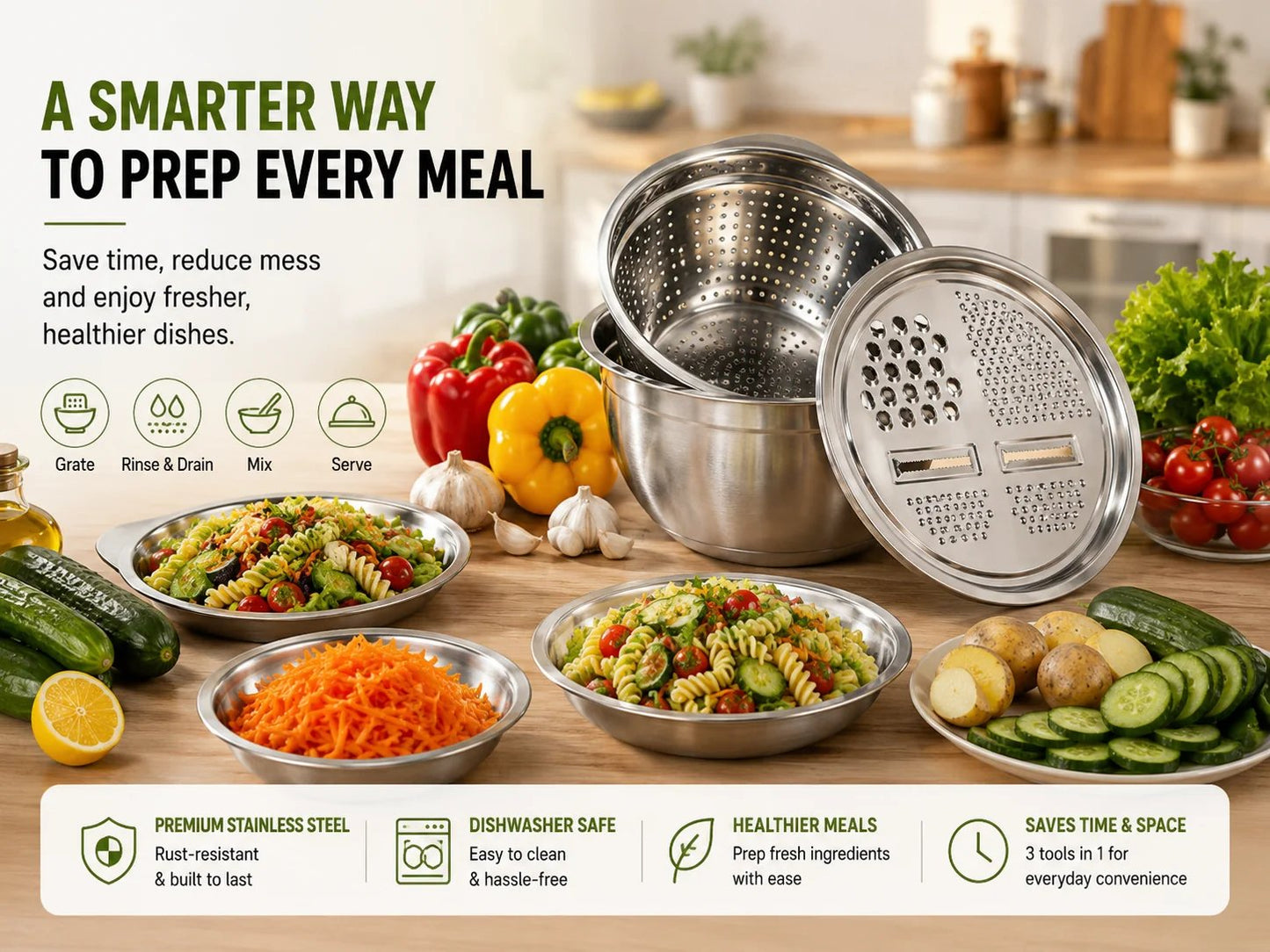 🔥Hot Sale 50% OFF 🎁3-in-1 Stainless Steel Grater Bowl & Colander Set