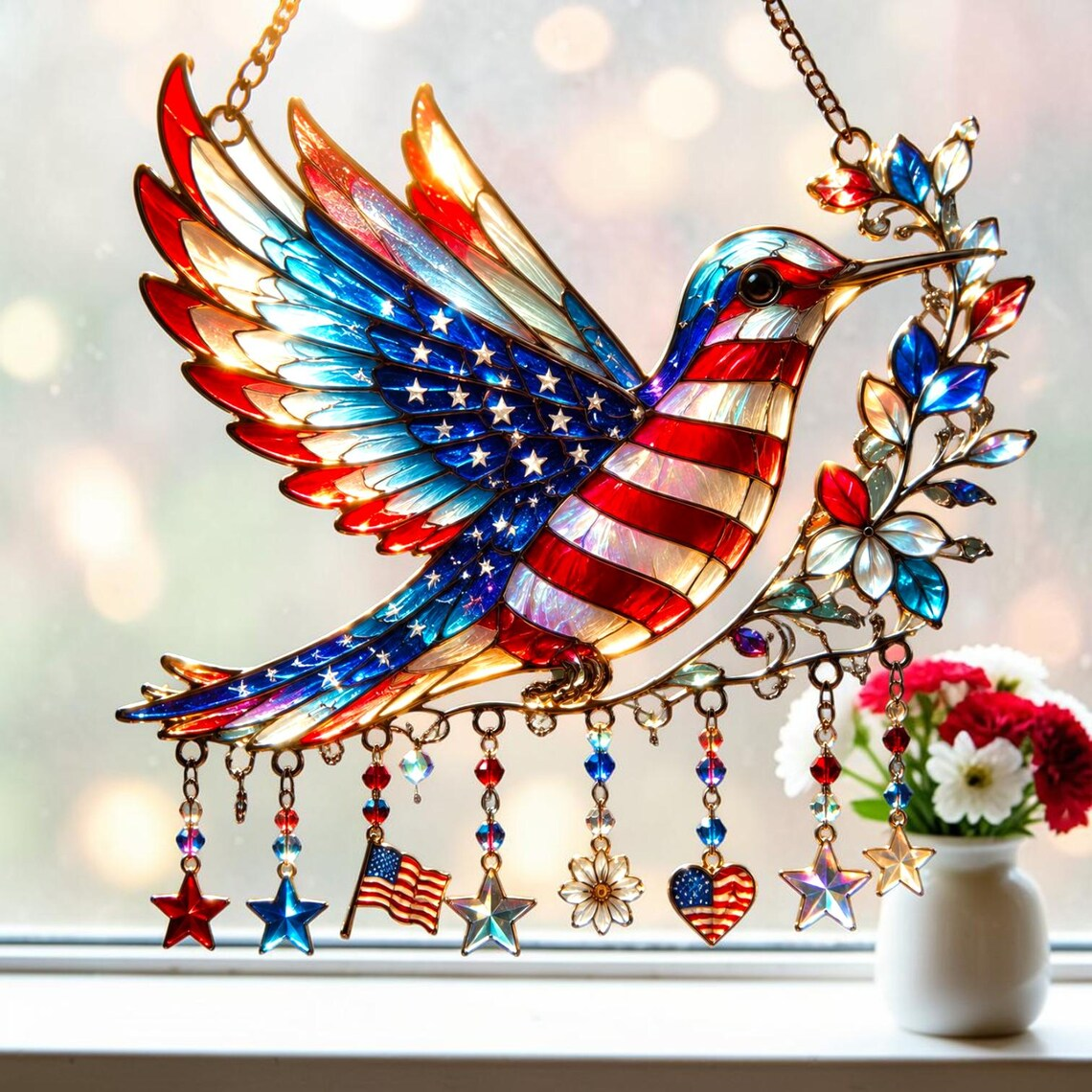 Patriotic Hummingbird Suncatcher π - 250th Anniversary Gift π