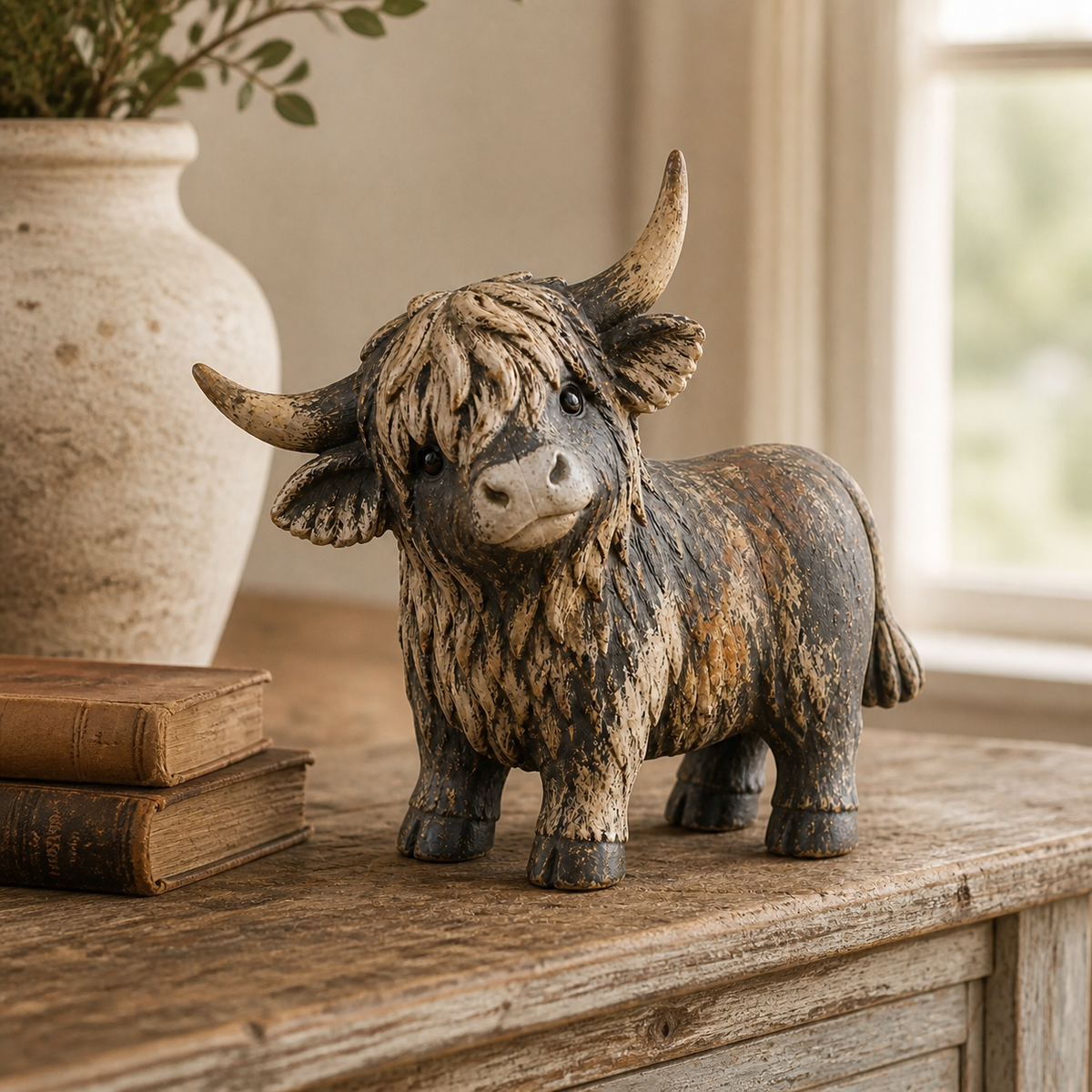 🐮 Rustic Highland Cows Figurine – Charming Farmhouse Tabletop Decor