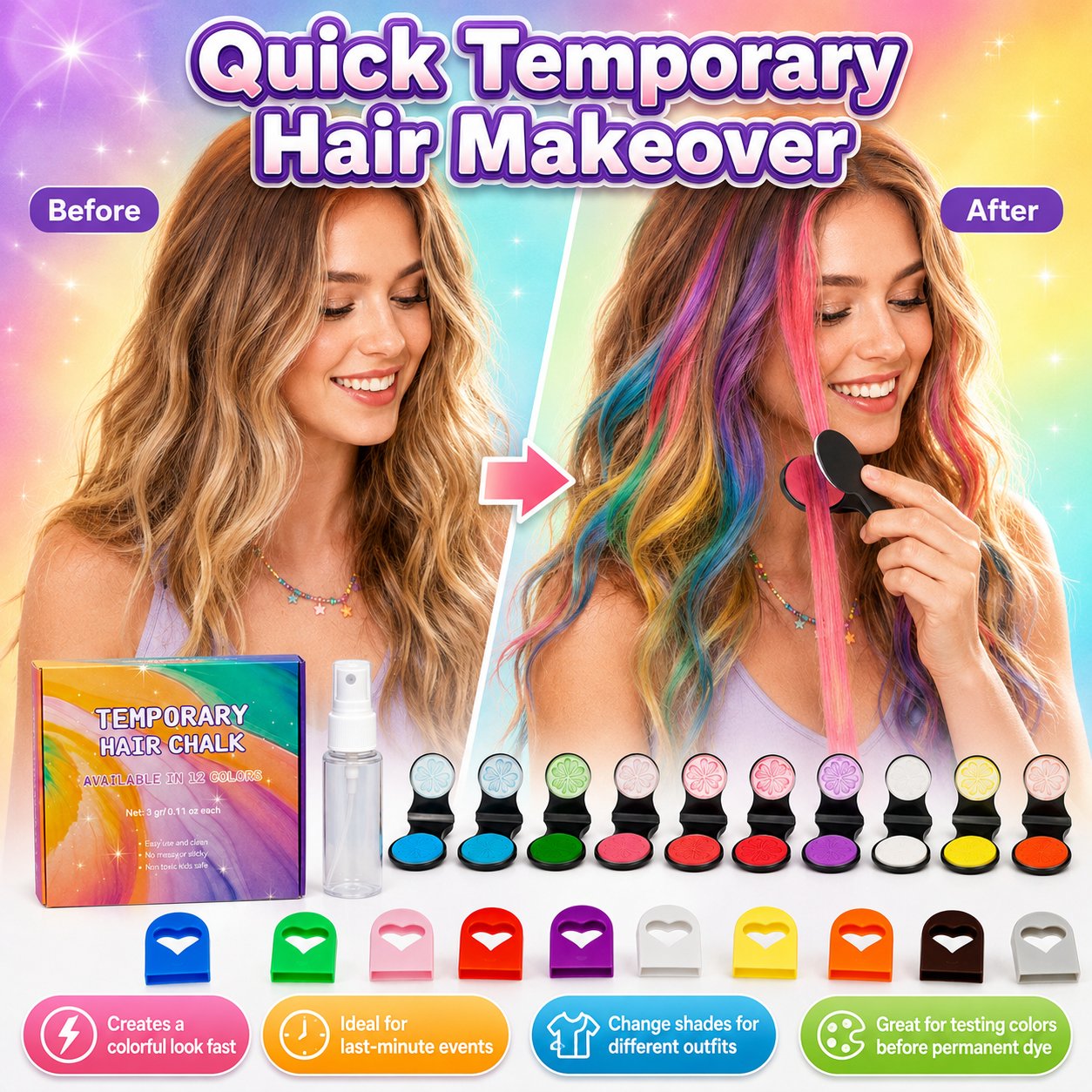 🌈 12-Color Washable Hair Chalk Styling Applicator Set | Vibrant Buildable Shades in Easy Clamp-On Applicators for Highlights, Streaks & Costume Looks ✨