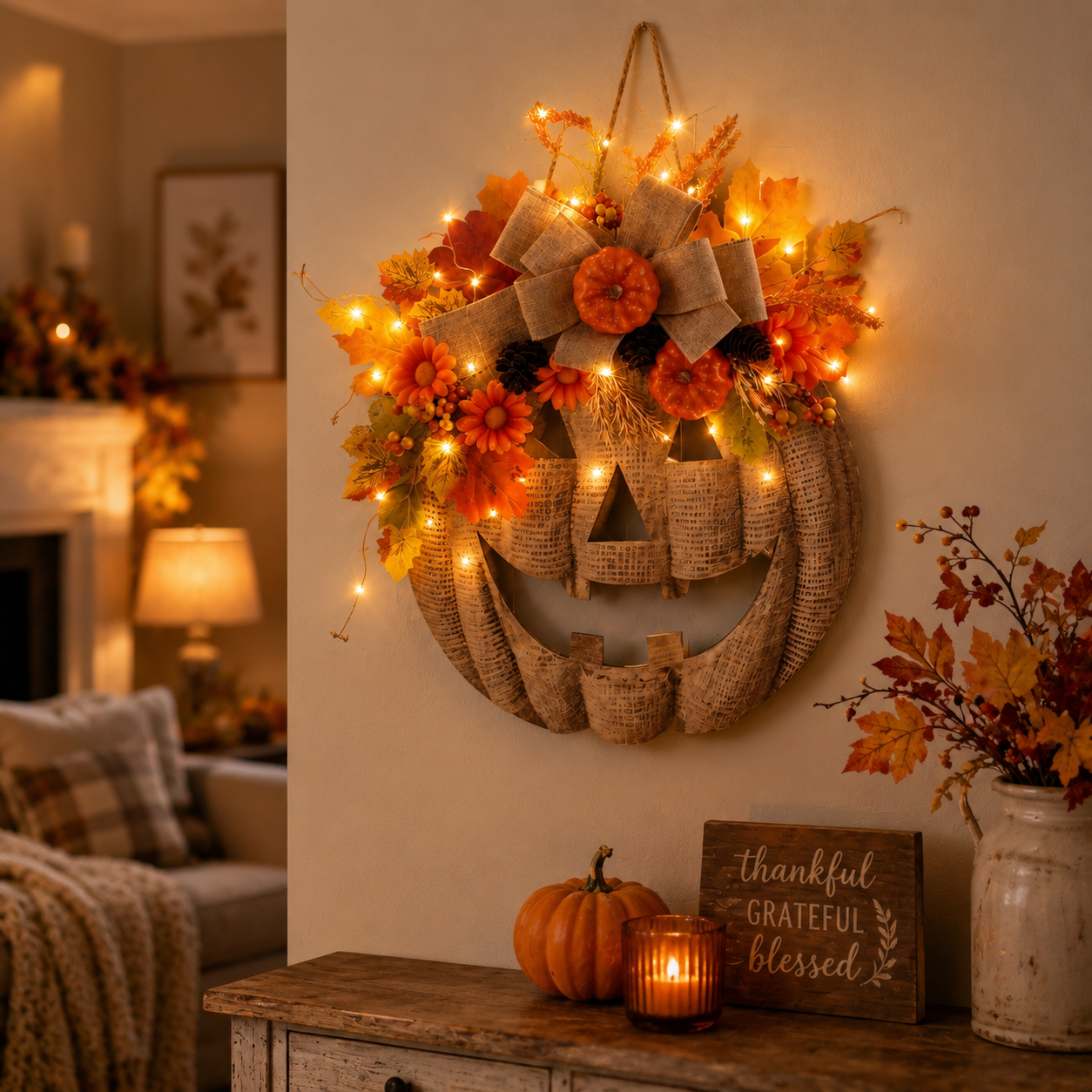 🎃✨ Lighted Burlap Pumpkin Wreath🍂