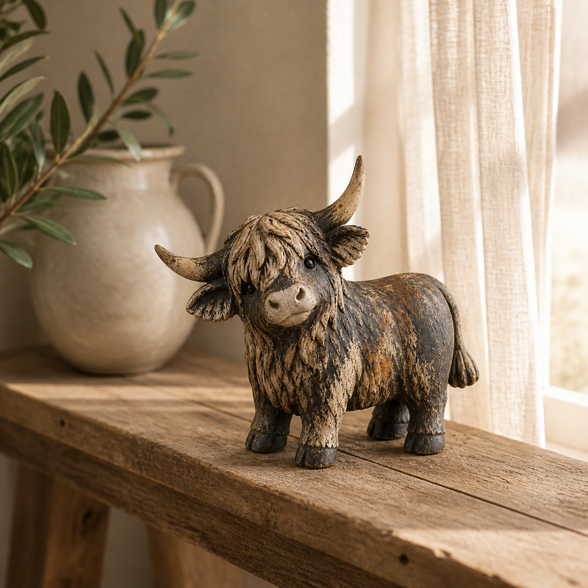🐮 Rustic Highland Cows Figurine – Charming Farmhouse Tabletop Decor