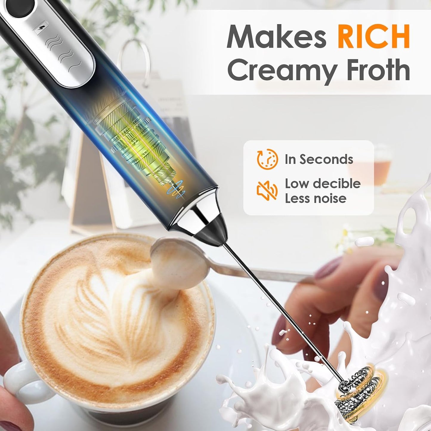 ☕ Rechargeable Milk Frother – Handheld with 2 Heads & 3 Speeds, Electric Mixer for Latte, Cappuccino, Matcha, Eggs (Black/White) 🌀