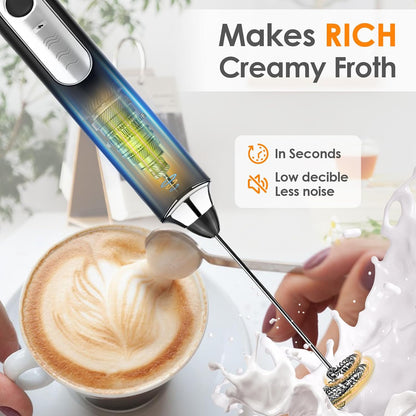 ☕ Rechargeable Milk Frother – Handheld with 2 Heads & 3 Speeds, Electric Mixer for Latte, Cappuccino, Matcha, Eggs (Black/White) 🌀