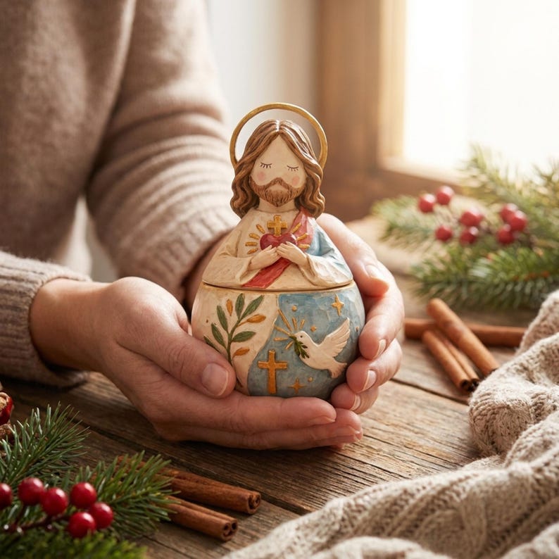 🌟 Divine Grace Collection: Hand-Painted Sacred Heart Jesus & Blessed Mary Keepsake Box
