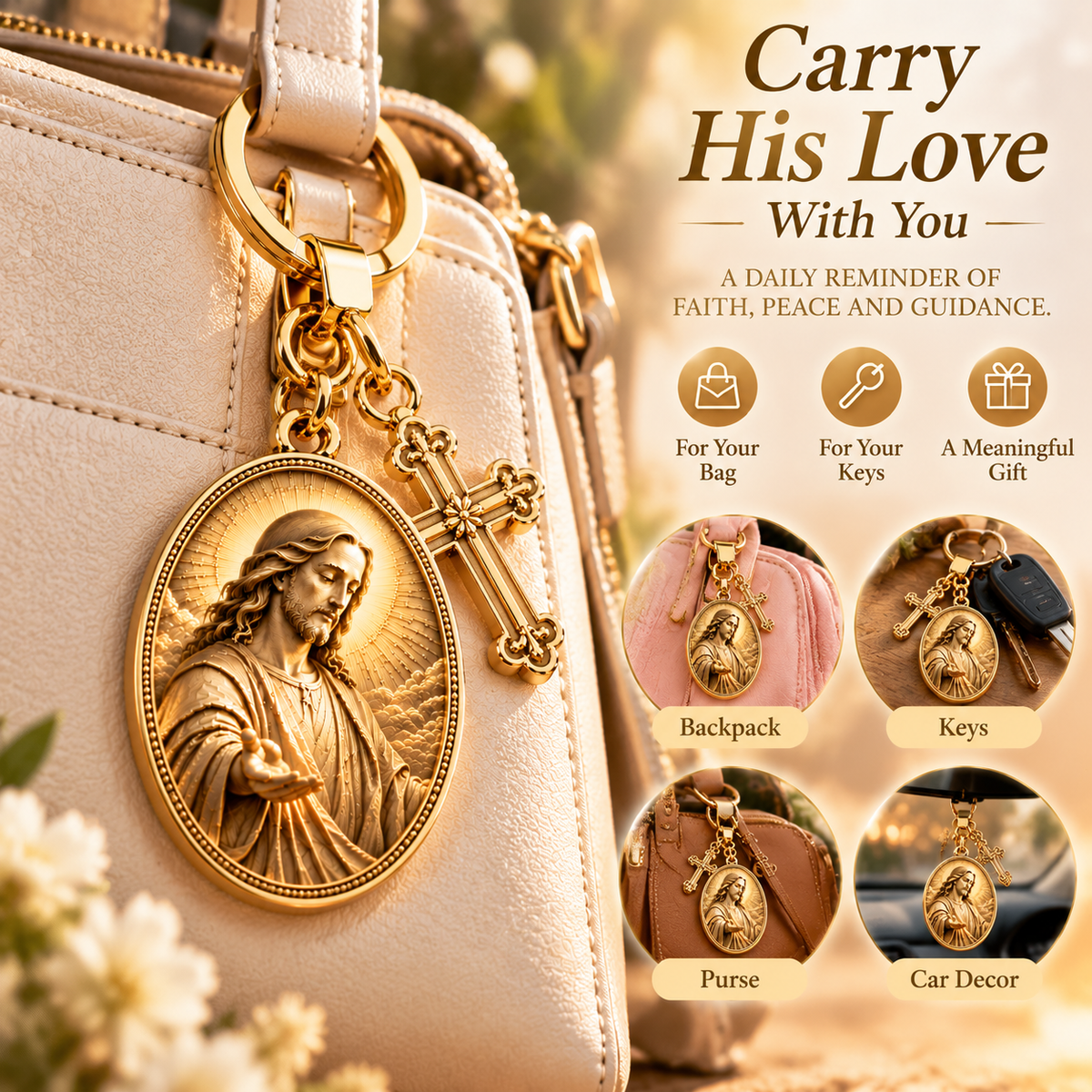 ✝️ You Are Never Alone – Jesus 3D Relief Keychain with Inspirational Scripture & Cross Charm