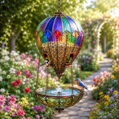 🌈 Stained Glass Hot Air Balloon Bird Feeder Fountain🐦