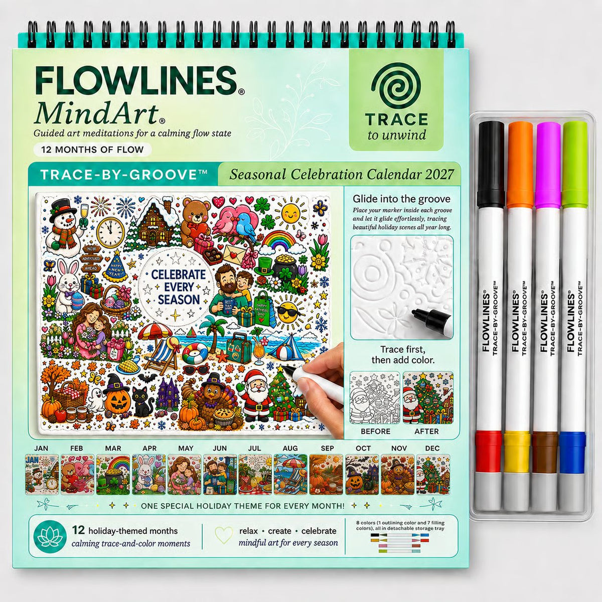 🎨Color The Year 2027: Trace-By-Groove Creative Calendar📅| Seasonal Guided Coloring Wall Calendar With Markers