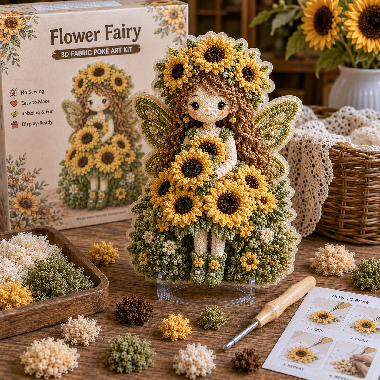 🔥 LAST DAY 49% OFF – 🌸🧚‍♀️ Flower Fairy 3D Fabric Poke Art Kit | No-Sew Fluffy Fabric Craft with Raised Floral Texture & Display-Ready Fairy Decor ✨