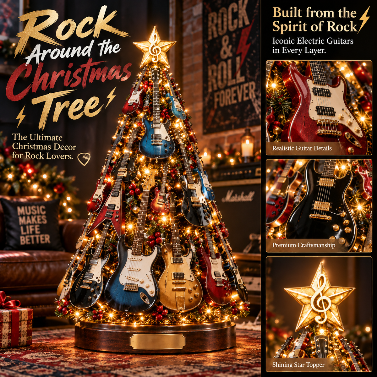 Electric guitar rock and roll Christmas tree with detailed electric guitars and golden lights