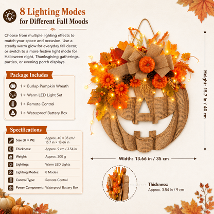 🎃✨ Lighted Burlap Pumpkin Wreath🍂