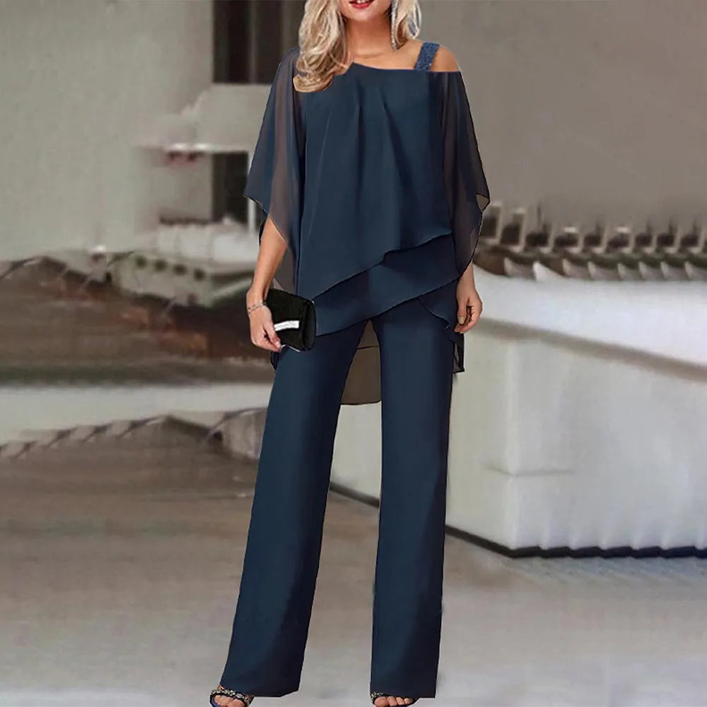 Elegant Layered Chiffon Top & Wide-Leg Pants Set