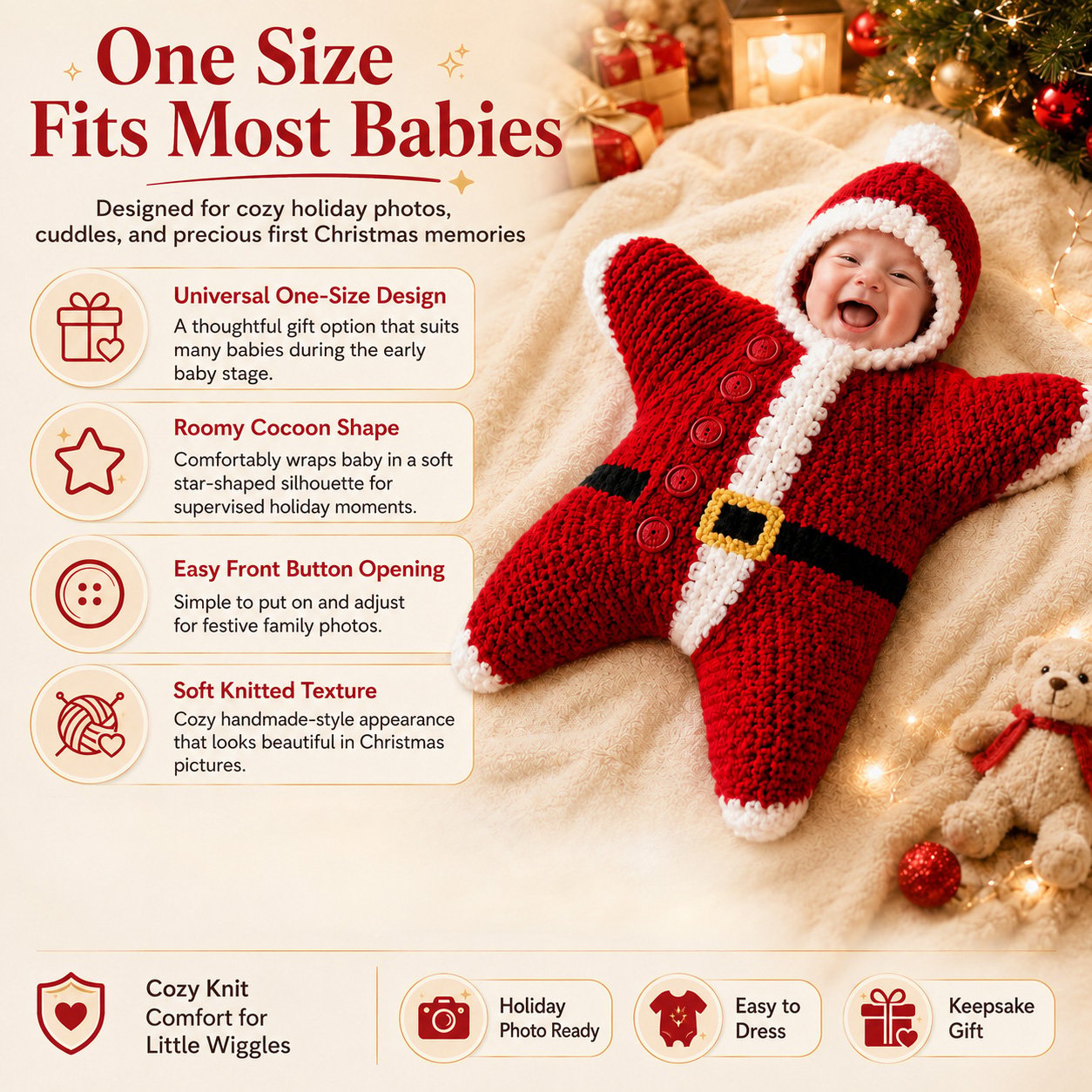 ⏳ Last Day 49% OFF – 🎅 Baby’s First Christmas Keepsake Star Outfit | One Size Fits Most Babies, Soft Knitted Santa Cocoon with Front Button Opening for Holiday Photos ✨