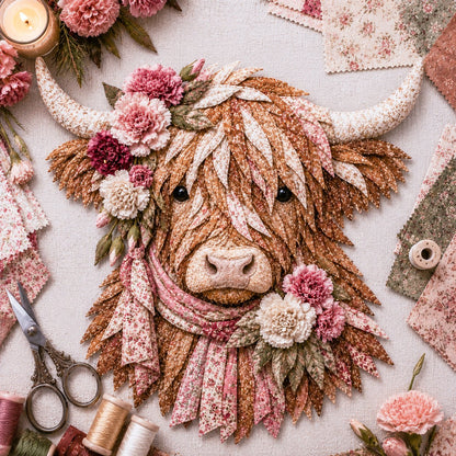 🔥LAST DAY 50% OFF - 🌸Birth Flower Highland Cow Fabric Art DIY Kit – A Handmade Keepsake You Create with Love