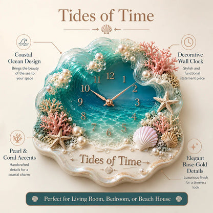 🔥HOT SALE 49% OFF🔥Tides of Time Ocean Wave Wall Clock – Iridescent Coastal Décor with Pearls, Seashells & Coral