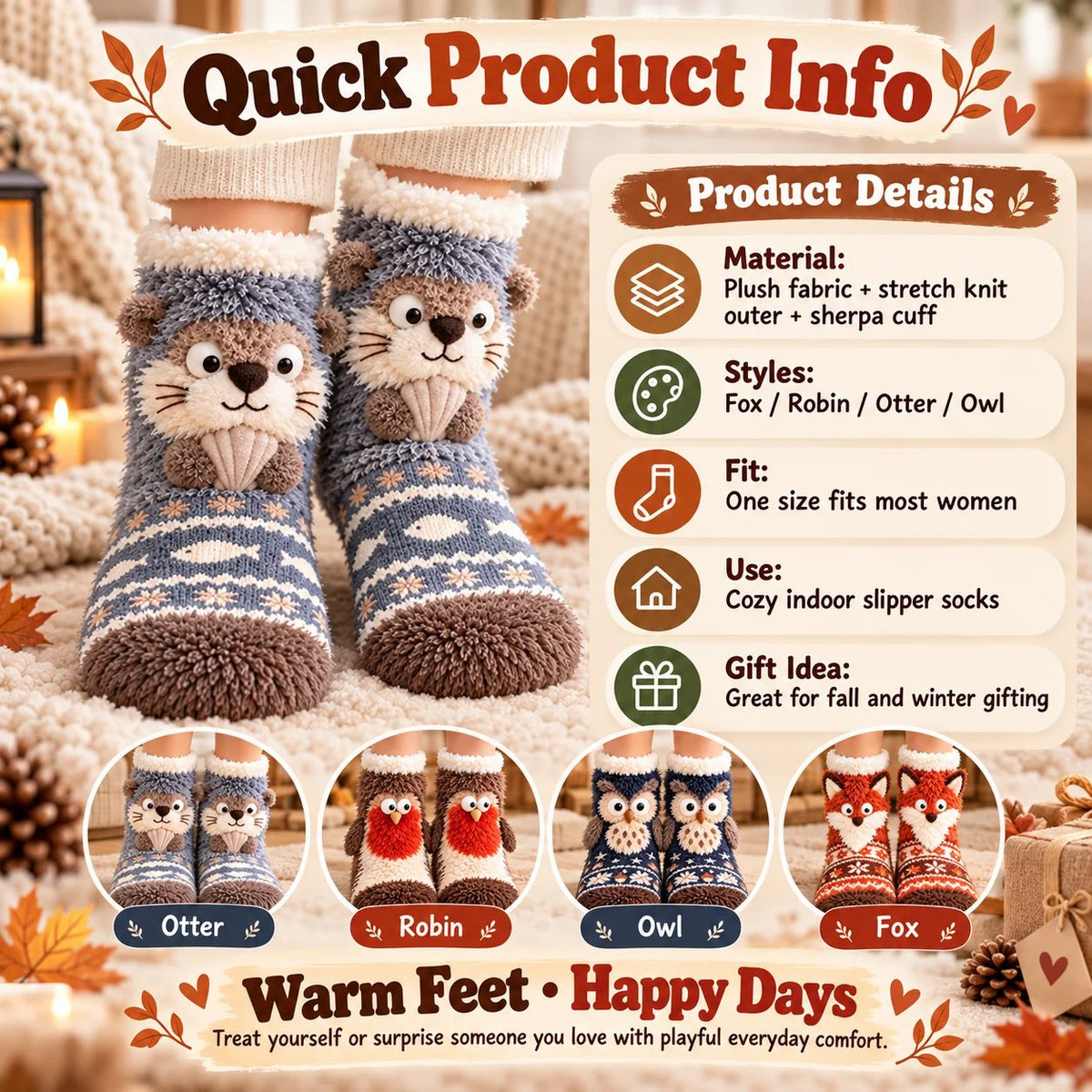 🦊🐦 Cozy 3D Animal Fuzzy Slipper Socks – Cute & Warm House Socks 🦦🦉