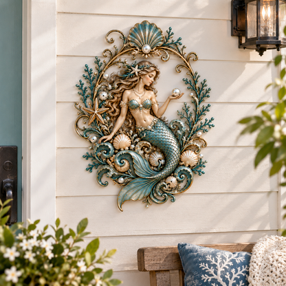 Mermaid & Pearl Ocean Metal Wall Decor – Coastal Beach House Wall Art