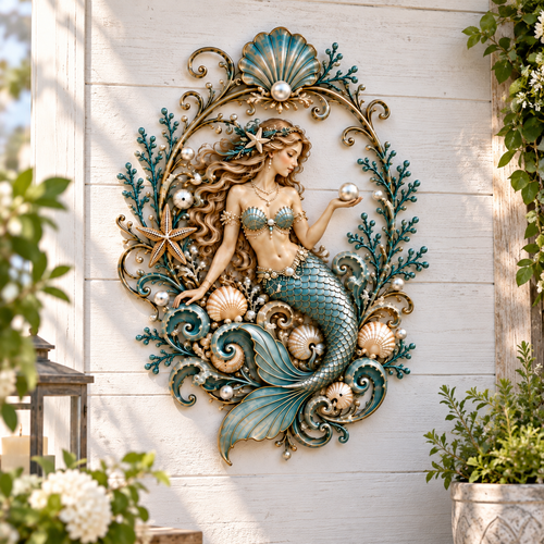 Mermaid & Pearl Ocean Metal Wall Decor – Coastal Beach House Wall Art