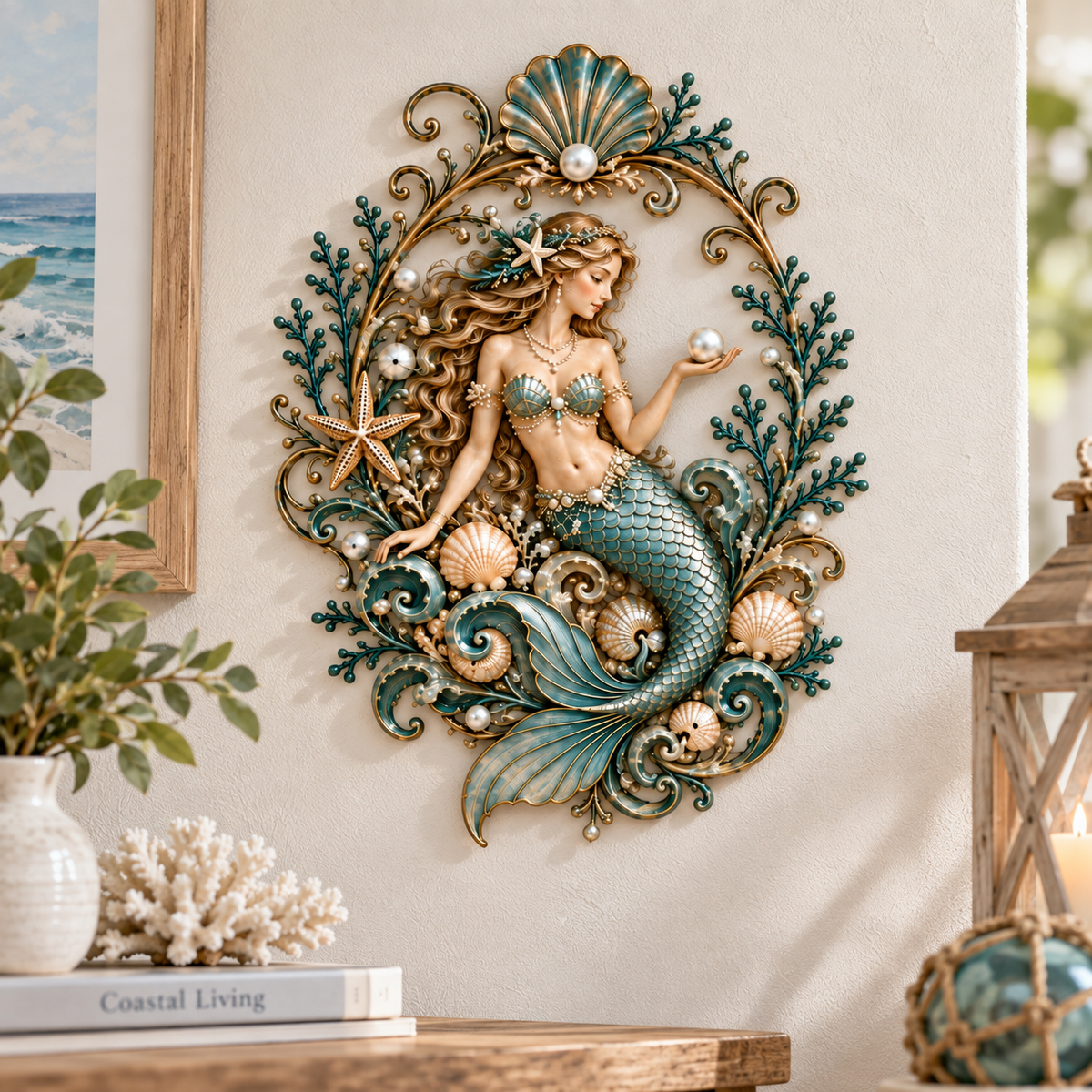 Mermaid & Pearl Ocean Metal Wall Decor – Coastal Beach House Wall Art