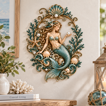 Mermaid & Pearl Ocean Metal Wall Decor – Coastal Beach House Wall Art
