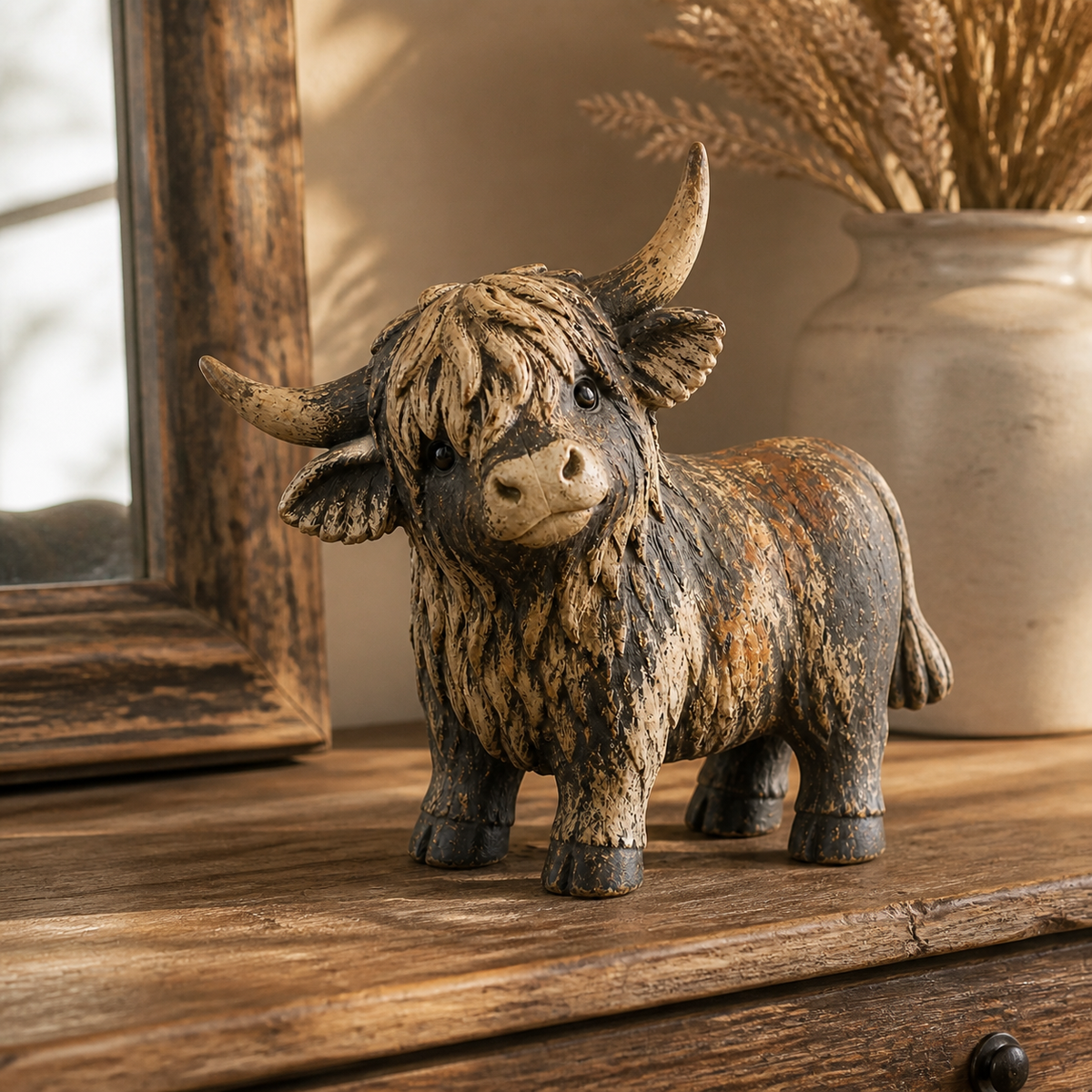 🐮 Rustic Highland Cows Figurine – Charming Farmhouse Tabletop Decor