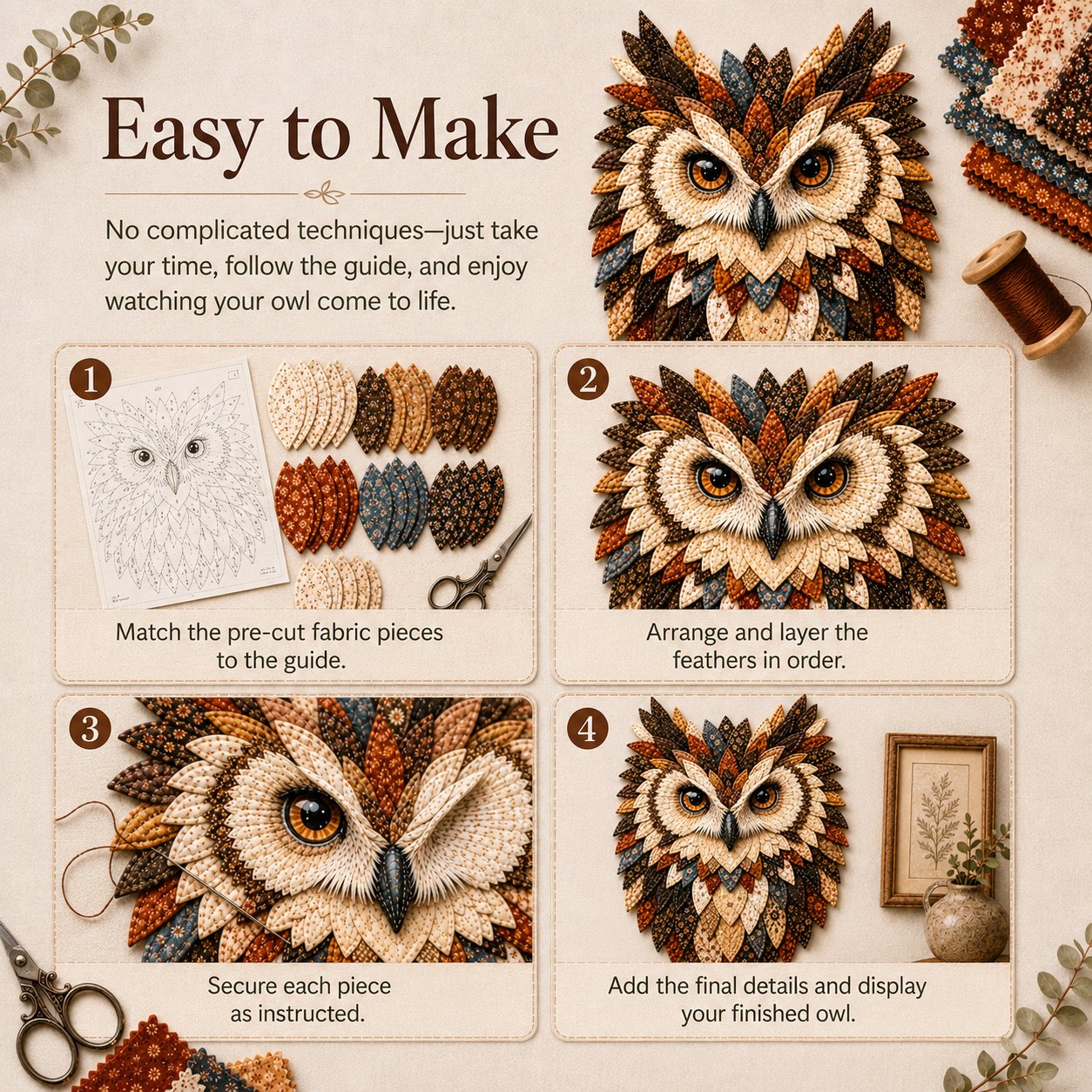 💥 LAST DAY 49% OFF - 🦉 Layered Fabric Owl Wall Art DIY Kit – Relaxing Craft, Beautiful Results (📦Buy 2 Free Shipping)