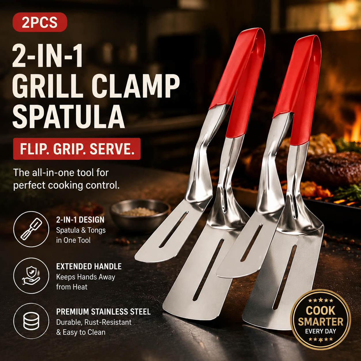 🍳 2PCS Stainless Steel Grill Clamp Spatula