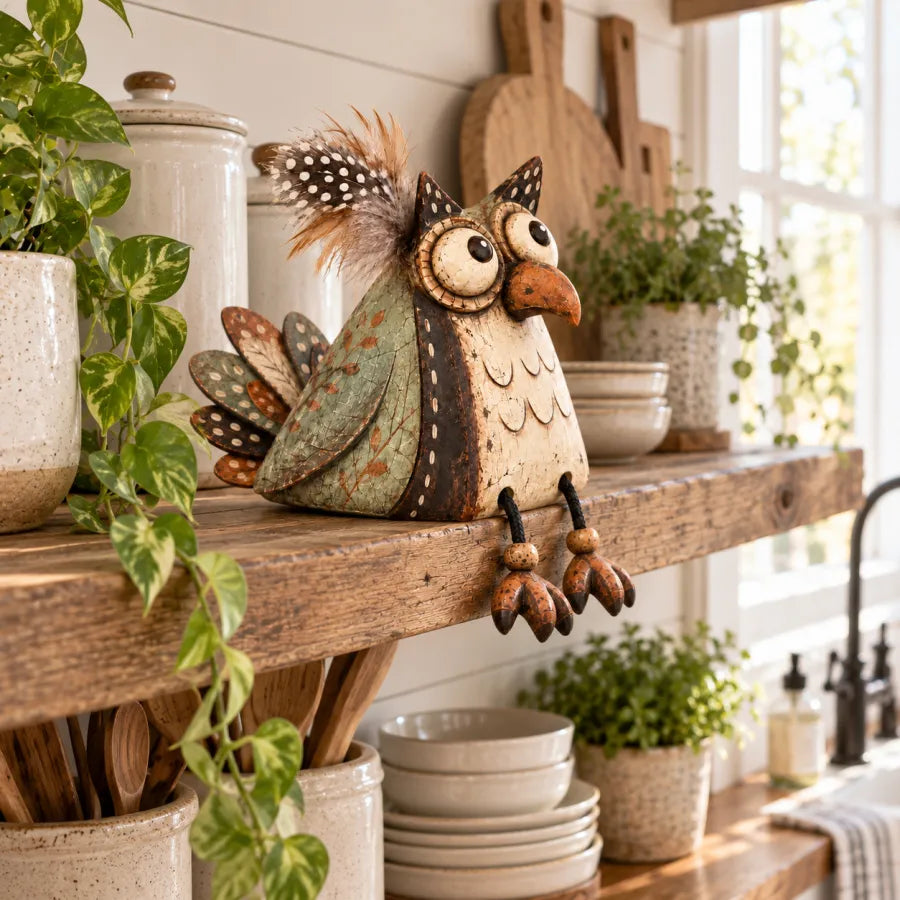 🦉🍂 Rustic Owl Shelf Sitter Decor with Dangling Legs🤎