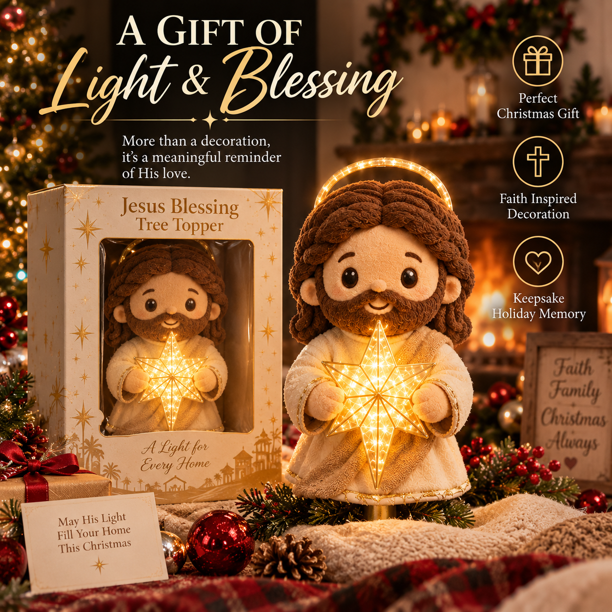 🕊️Cute Jesus Blessing Tree Topper – A Light of Faith for Your Christmas Tree