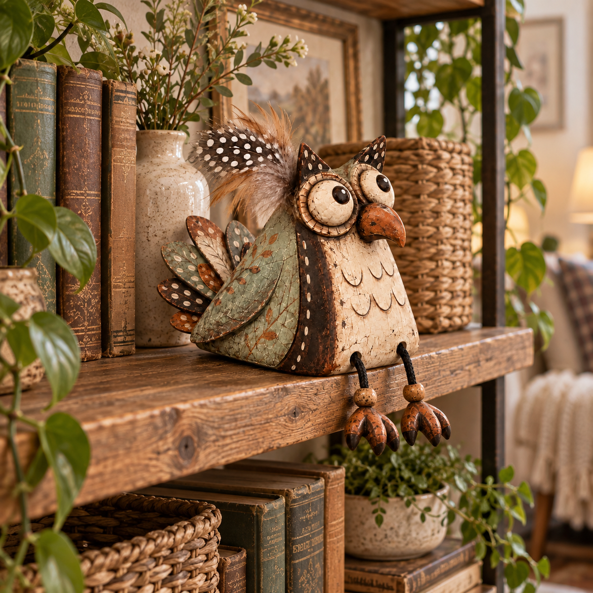 🦉🍂 Rustic Owl Shelf Sitter Decor with Dangling Legs🤎