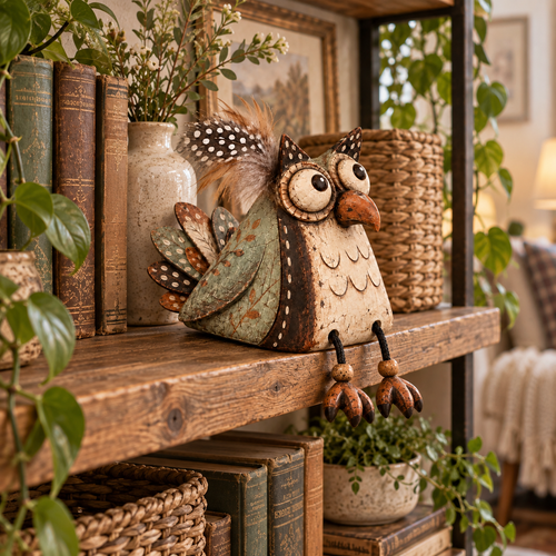 🦉🍂 Rustic Owl Shelf Sitter Decor with Dangling Legs🤎