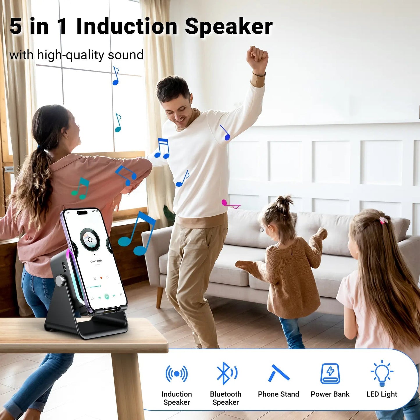 🔥50% OFF🔥 5-in-1 Wireless Speaker – Stereo Sound, RGB Light & Phone Stand