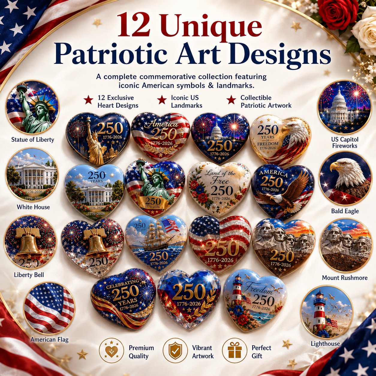 🇺🇸 America 250th Anniversary Commemorative Heart Ornament Collection | 12-Piece Patriotic Keepsake Set