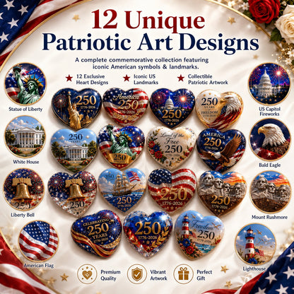 🇺🇸 America 250th Anniversary Commemorative Heart Ornament Collection | 12-Piece Patriotic Keepsake Set