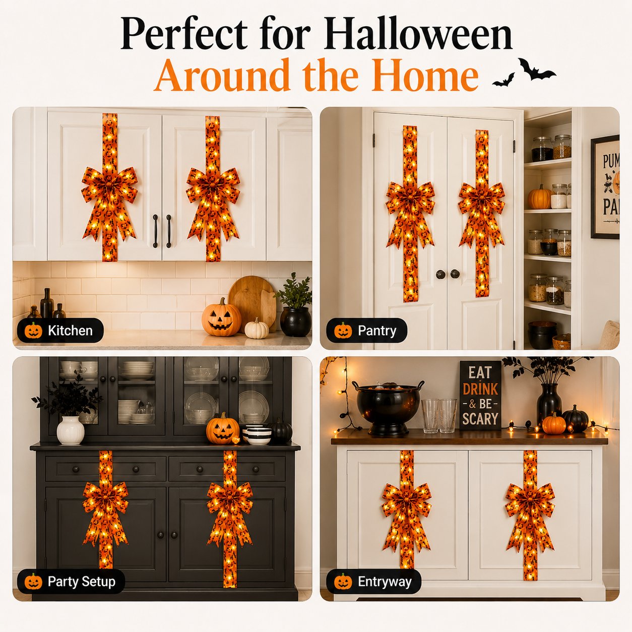 Halloween Cabinet Door Bow Ribbon Decorations - Oversized Pumpkin & Skull Wraps