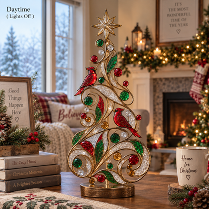 🐦Lighted Stained Glass-Inspired Christmas Tree Tabletop Decor with Red Cardinal Birds