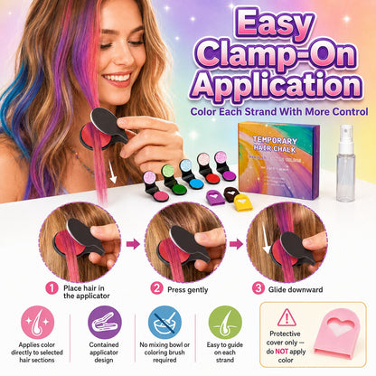 🌈 12-Color Washable Hair Chalk Styling Applicator Set | Vibrant Buildable Shades in Easy Clamp-On Applicators for Highlights, Streaks & Costume Looks ✨