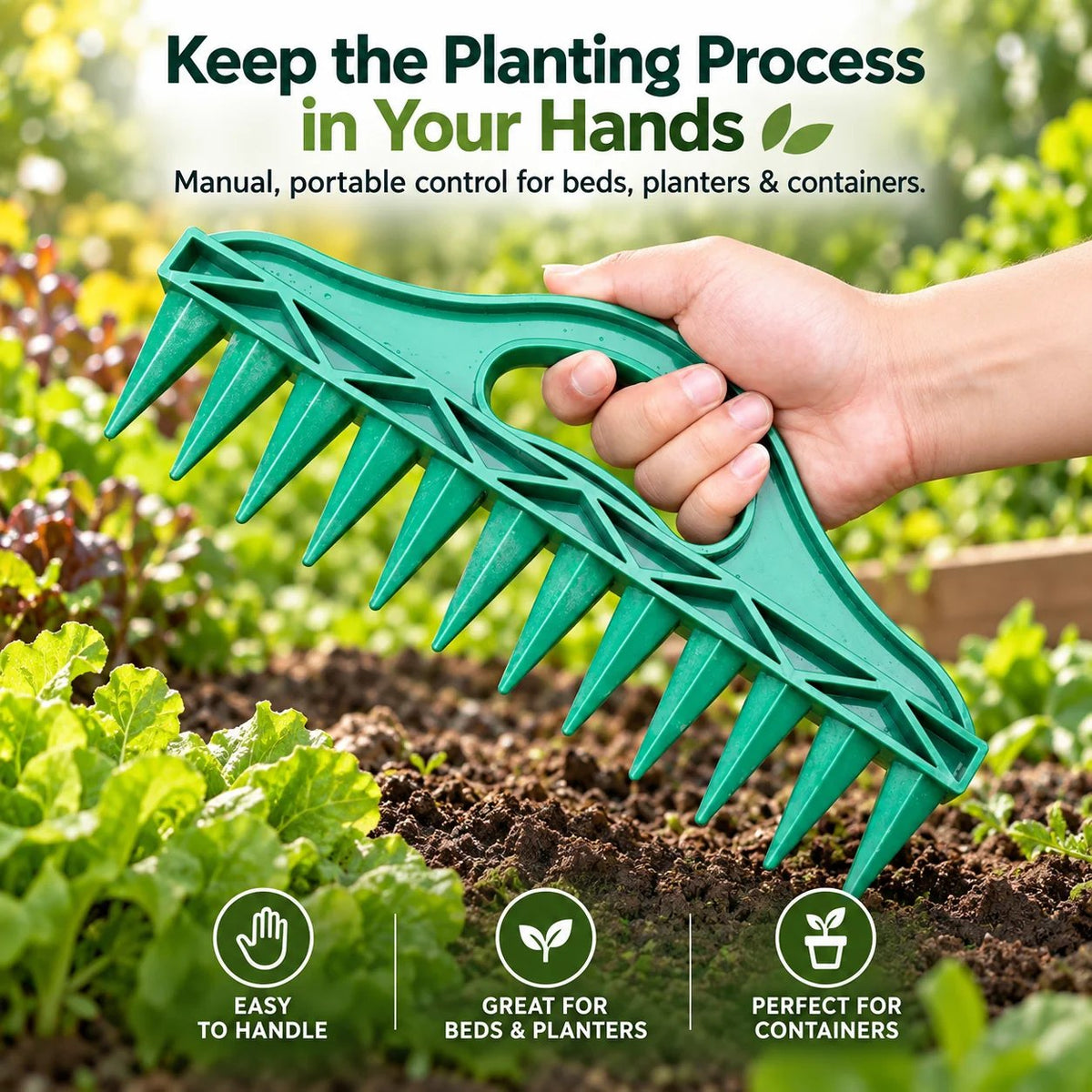 Handheld seed sowing tool used in a garden