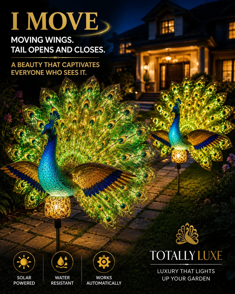 Two illuminated solar peacock garden sculptures along a nighttime walkway