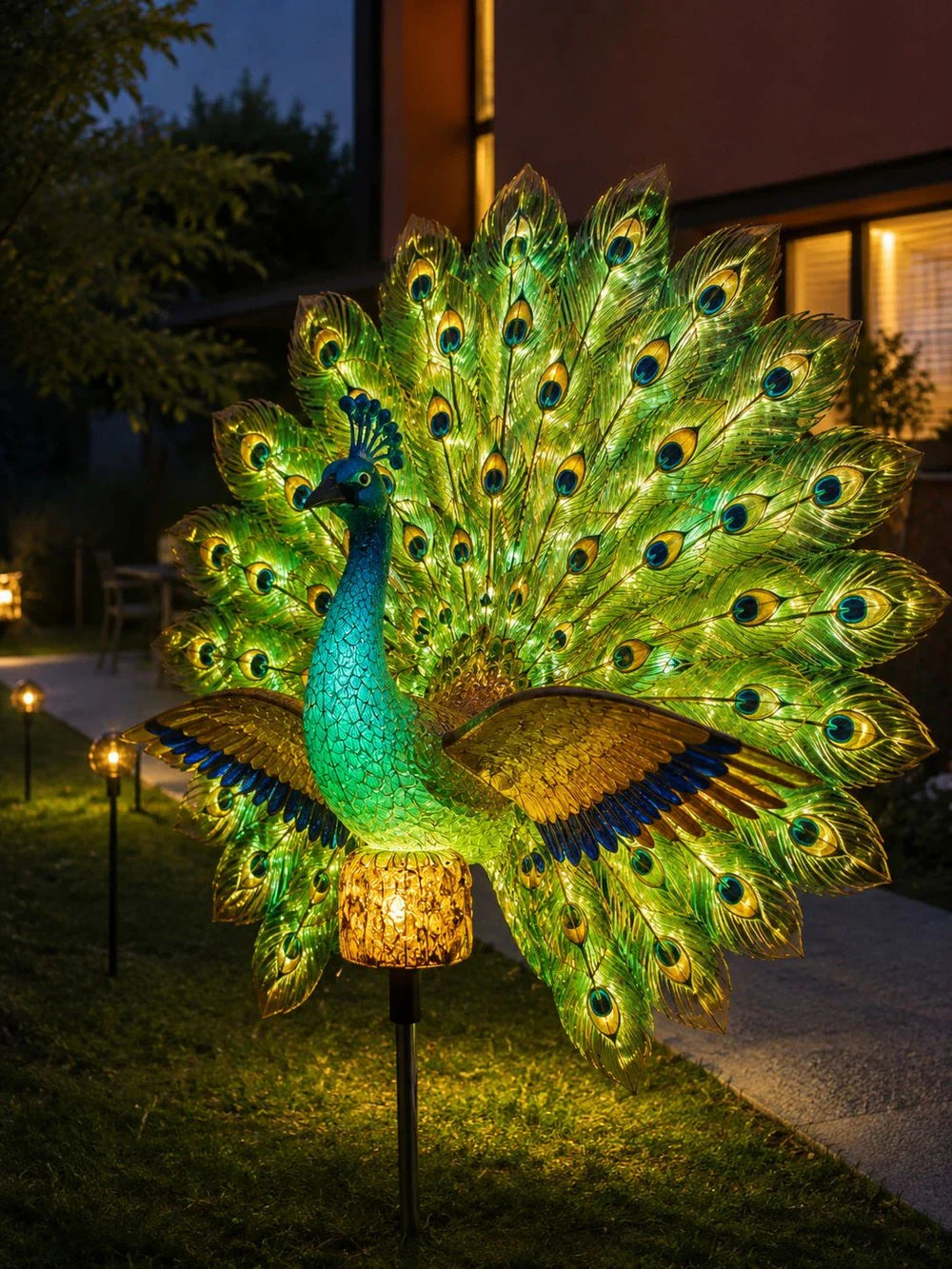 Illuminated solar peacock sculpture with open feather tail