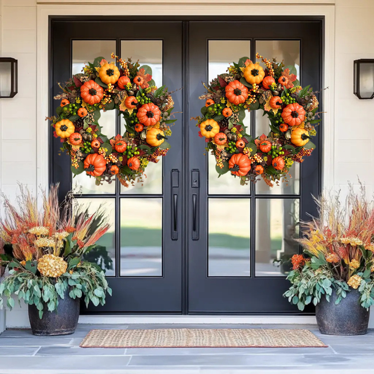 💖Couronne de pivoines et citrouilles d'automne - Couronne toutes saisons