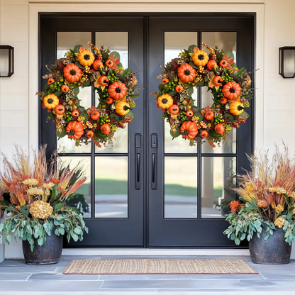 💖Couronne de pivoines et citrouilles d'automne - Couronne toutes saisons